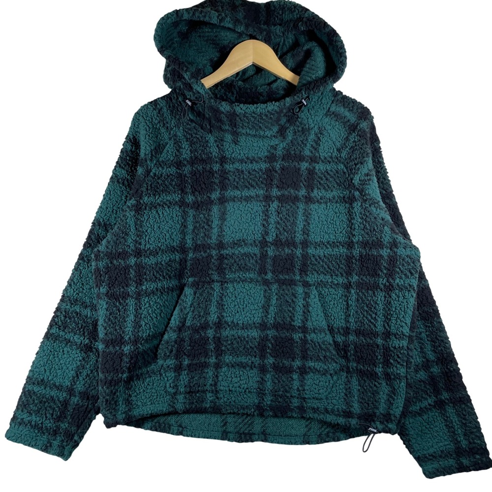 PINK buffalo plaid sherpa hoodie M cozy cabincore mallcore alt indie goth grunge